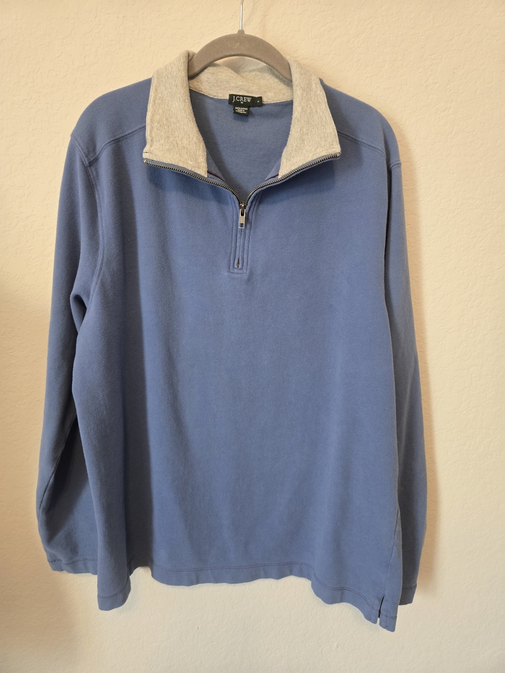 J. Crew Men’s Slate Blue Quarter-Zip Sweater with Heathered Beige Collar